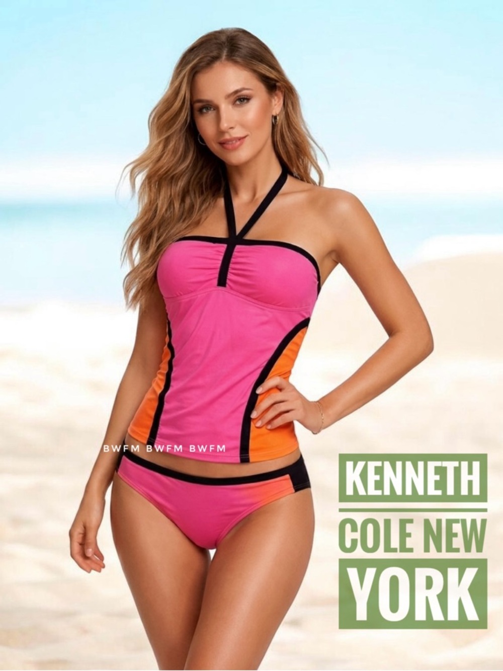 Kenneth Cole New York Pink & Orange Halter Tankini with Black Trim